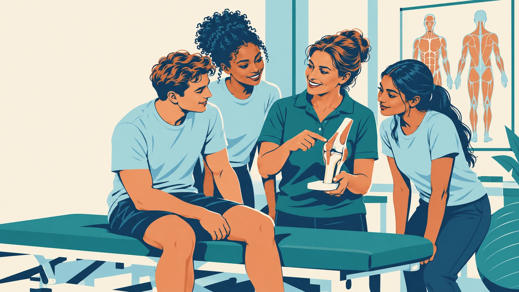Illustratie van drie fysiotherapiestudenten met verschillende achtergronden en een docent die samen een kniemodel bekijken.